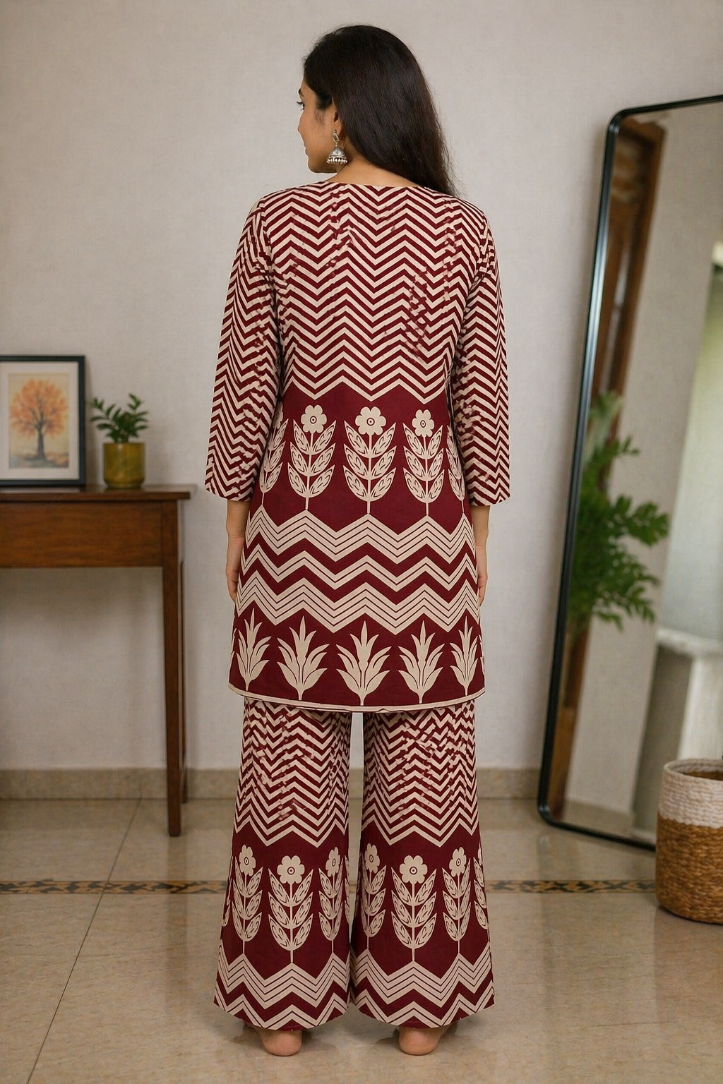 Maroon & Green Printed Co-Ord Set for Women | Ethnic Kurti Palazzo Set | Stylish Casual Wear