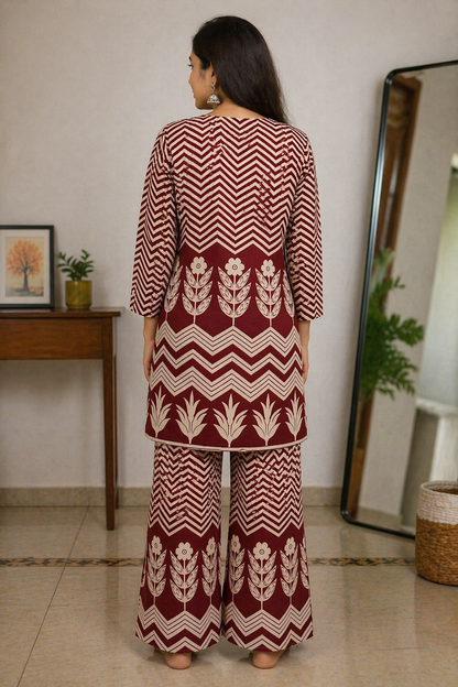 Maroon & Green Printed Co-Ord Set for Women | Ethnic Kurti Palazzo Set | Stylish Casual Wear