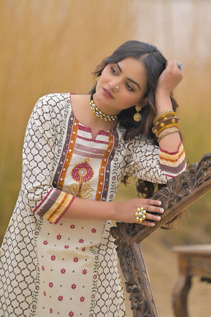 Premium Off-White & Maroon Ethnic Pure Cotton Suit Set