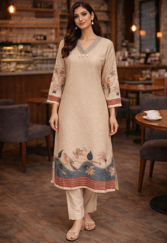 Mauve Printed Kurta Set with Contrast Tassel Detail & Printed Dupatta