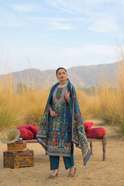 Teal Blue Ikat Print Pure Cotton Set