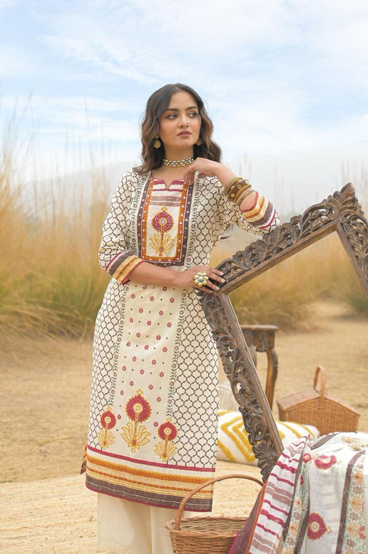 Premium Off-White & Maroon Ethnic Pure Cotton Suit Set