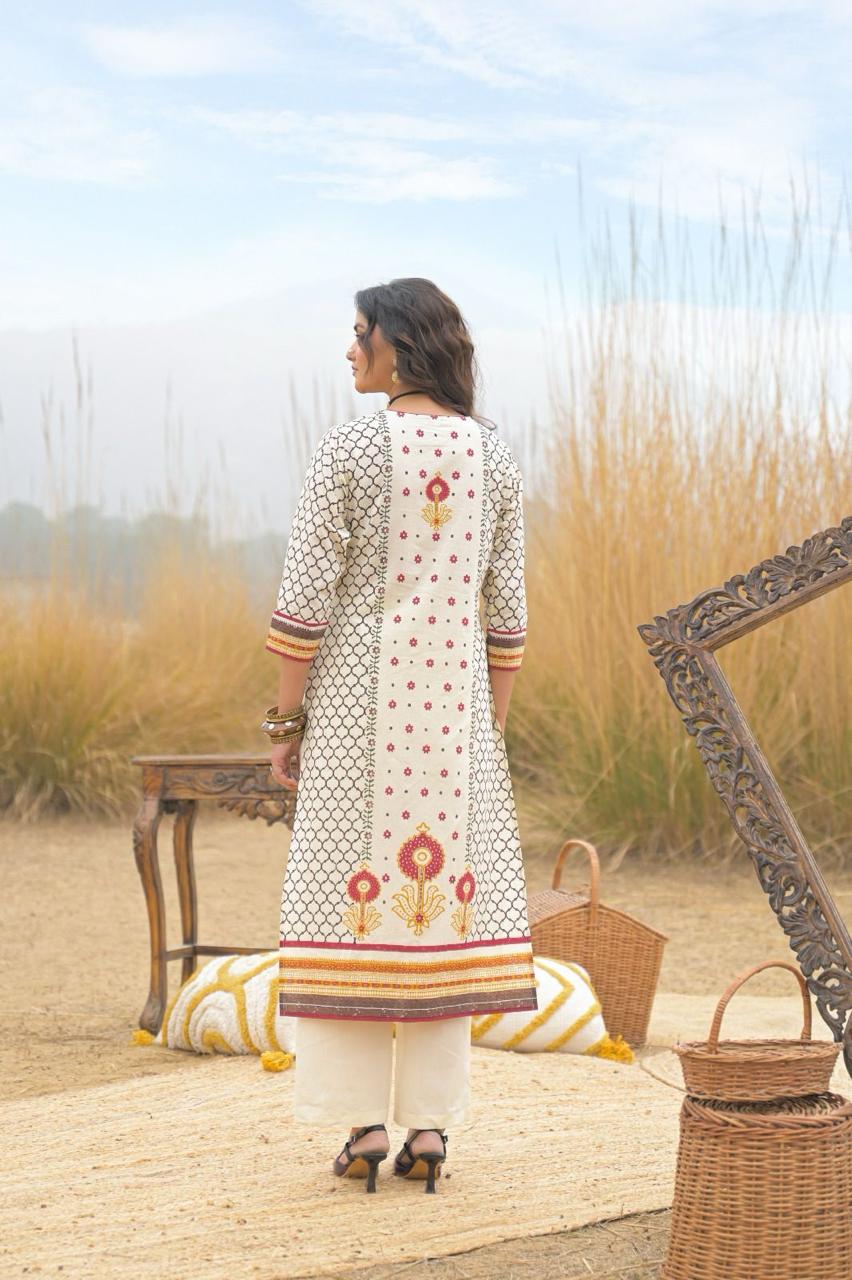 Premium Off-White & Maroon Ethnic Pure Cotton Suit Set