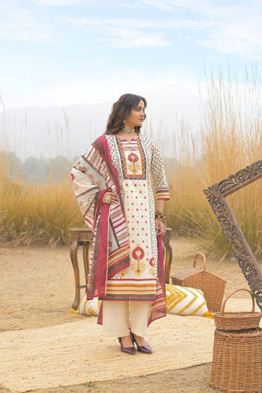 Premium Off-White & Maroon Ethnic Pure Cotton Suit Set