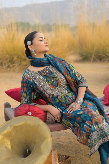 Teal Blue Ikat Print Pure Cotton Set