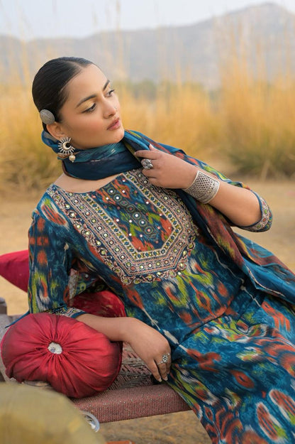 Teal Blue Ikat Print Pure Cotton Set