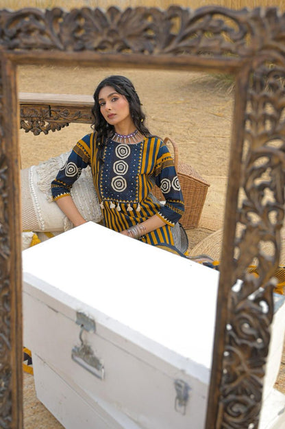 Premium Indigo & Mustard Geometric Pure Cotton Suit Set