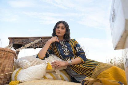 Premium Indigo & Mustard Geometric Pure Cotton Suit Set