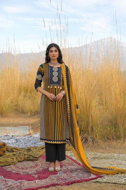 Premium Indigo & Mustard Geometric Pure Cotton Suit Set