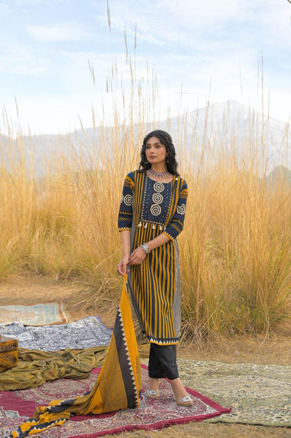 Premium Indigo & Mustard Geometric Pure Cotton Suit Set