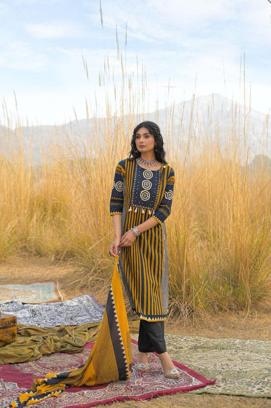 Premium Indigo & Mustard Geometric Pure Cotton Suit Set