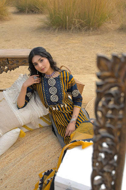 Premium Indigo & Mustard Geometric Pure Cotton Suit Set