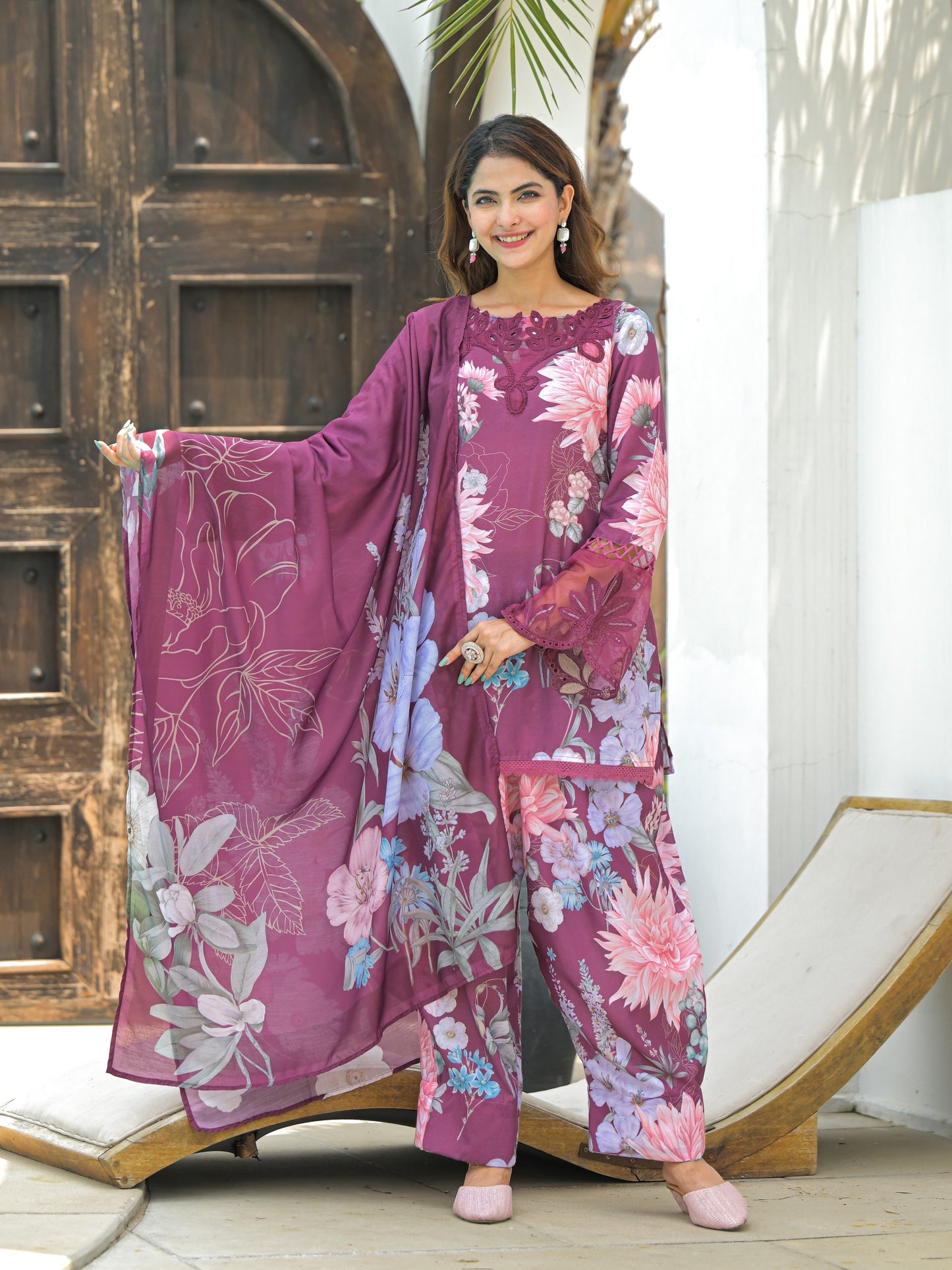 Premium Mauve (Dusty Purple) Floral Cotton-Silk Farshi Suit Set
