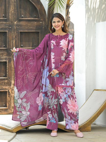Premium Mauve (Dusty Purple) Floral Cotton-Silk Farshi Suit Set