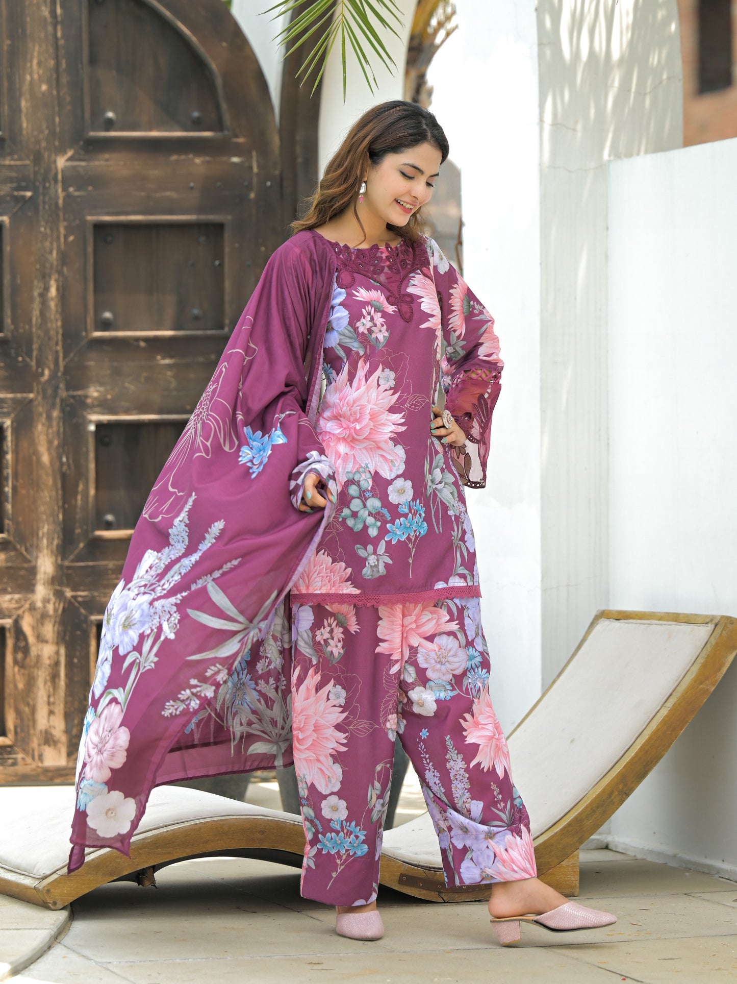 Premium Mauve (Dusty Purple) Floral Cotton-Silk Farshi Suit Set