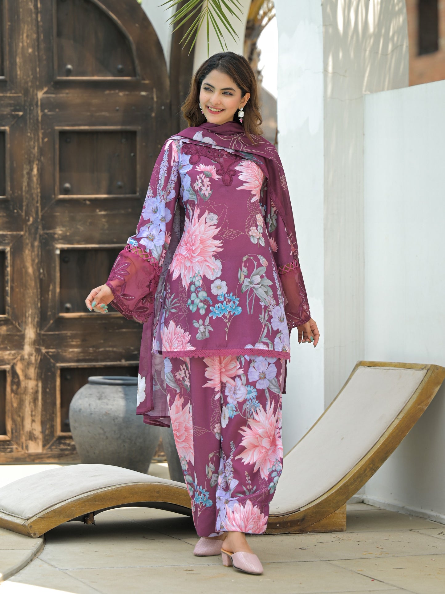 Premium Mauve (Dusty Purple) Floral Cotton-Silk Farshi Suit Set