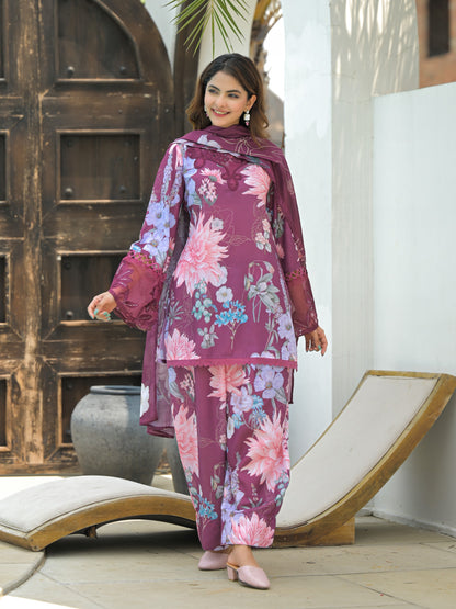 Premium Mauve (Dusty Purple) Floral Cotton-Silk Farshi Suit Set