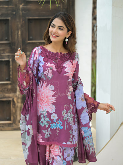 Premium Mauve (Dusty Purple) Floral Cotton-Silk Farshi Suit Set