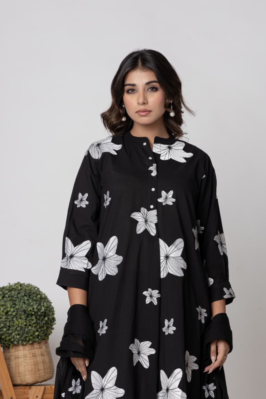 Premium Jet Black Pure Cotton Embroidered Suit Set