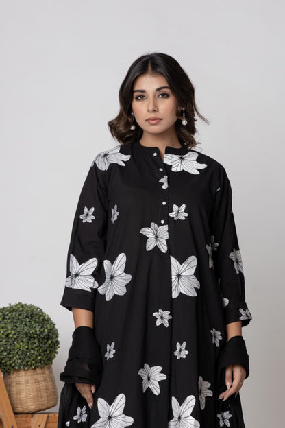 Premium Jet Black Pure Cotton Embroidered Suit Set