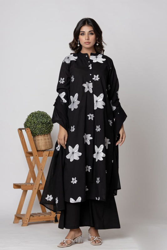 Premium Jet Black Pure Cotton Embroidered Suit Set