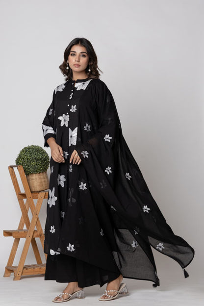 Premium Jet Black Pure Cotton Embroidered Suit Set