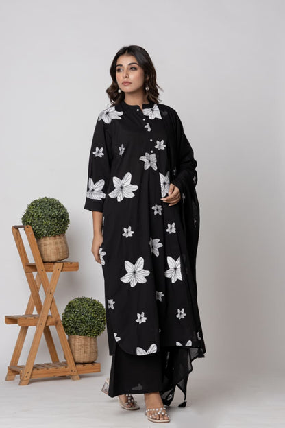 Premium Jet Black Pure Cotton Embroidered Suit Set