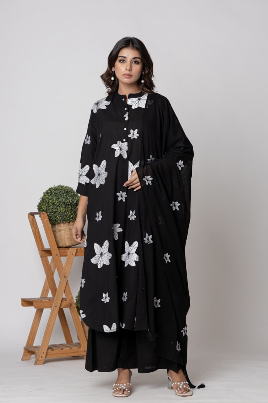 Premium Jet Black Pure Cotton Embroidered Suit Set