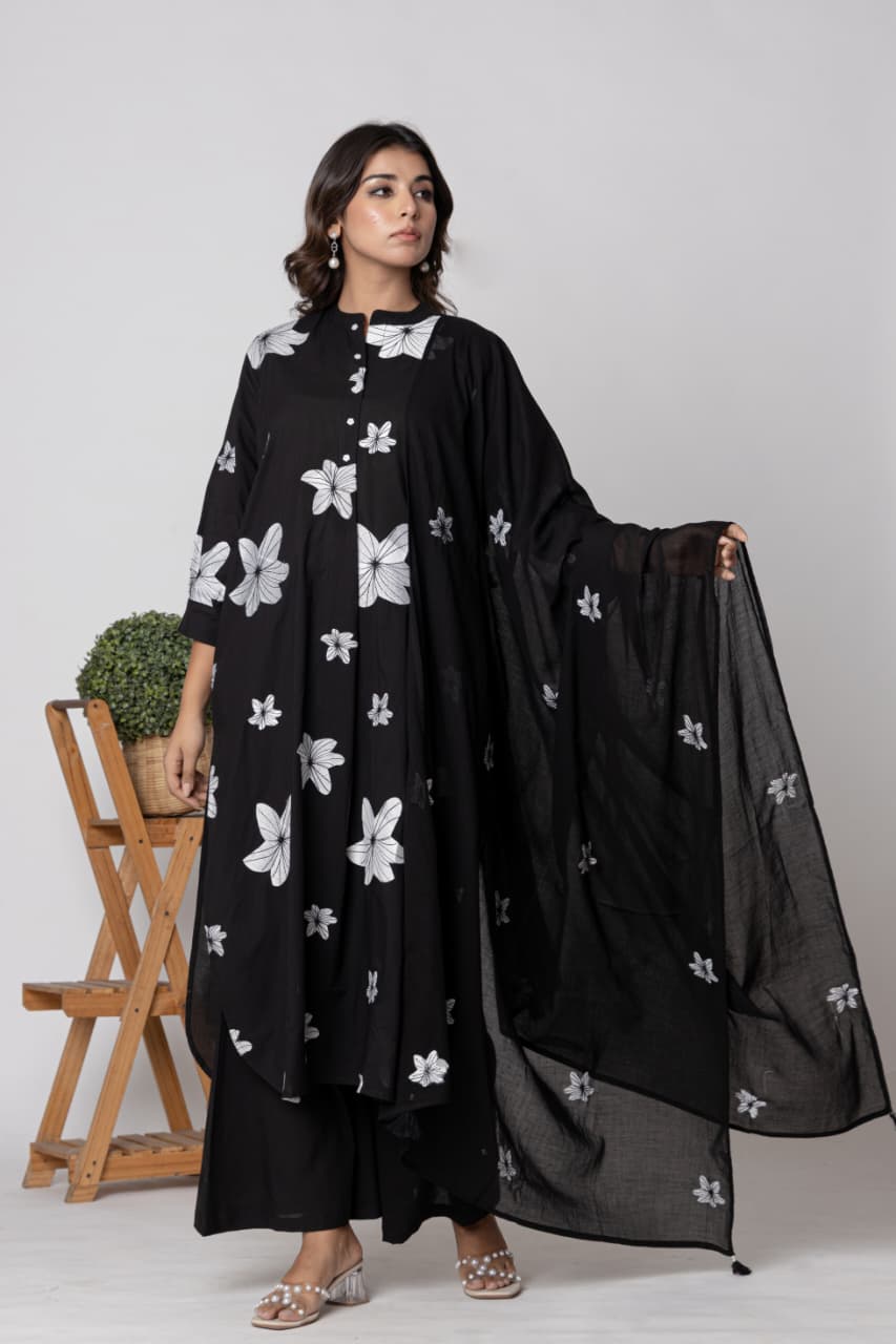 Premium Jet Black Pure Cotton Embroidered Suit Set