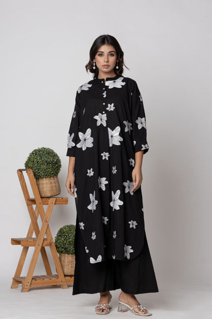 Premium Jet Black Pure Cotton Embroidered Suit Set