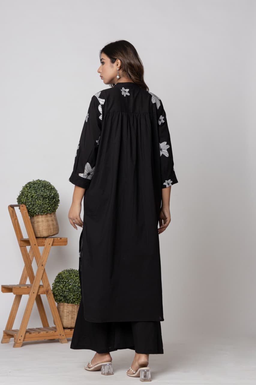Premium Jet Black Pure Cotton Embroidered Suit Set