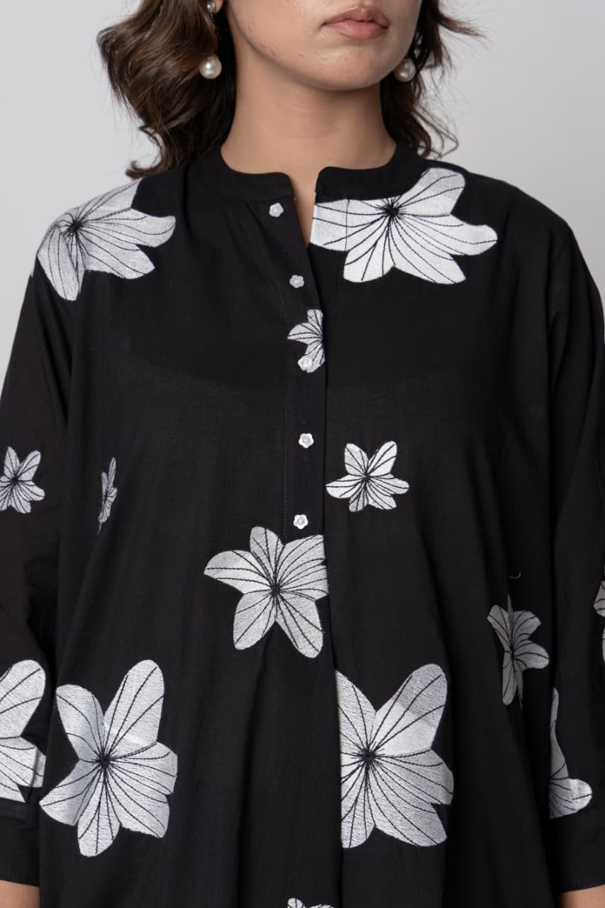 Premium Jet Black Pure Cotton Embroidered Suit Set