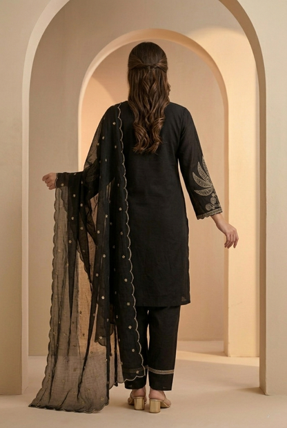 Black Gold Embroidered Cotton Kurta with Farsi Salwar Suit Set