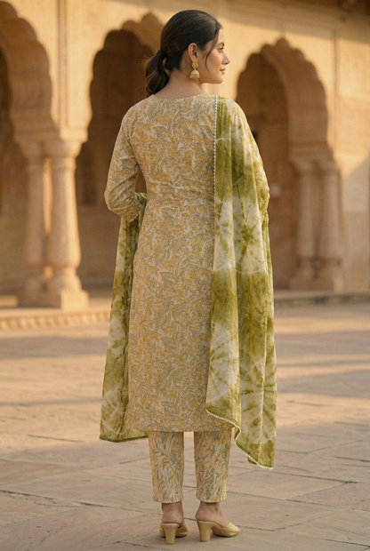 Olive Green & Beige Floral Rayon Cotton Kurta Set with Tie-Dye Dupatta