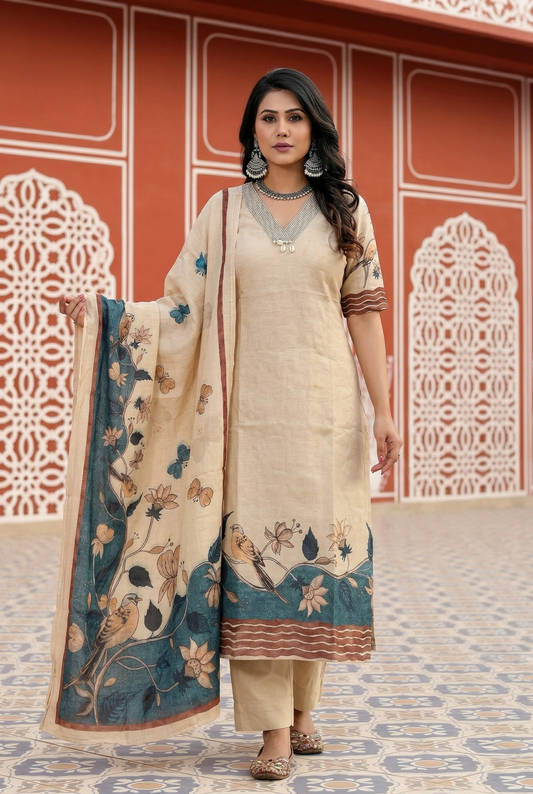 Beige Bird Print Chanderi Cotton Kurta Set