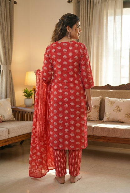 Rich Red Hand-Block Print Cotton Kurta Set with Tassel Detail