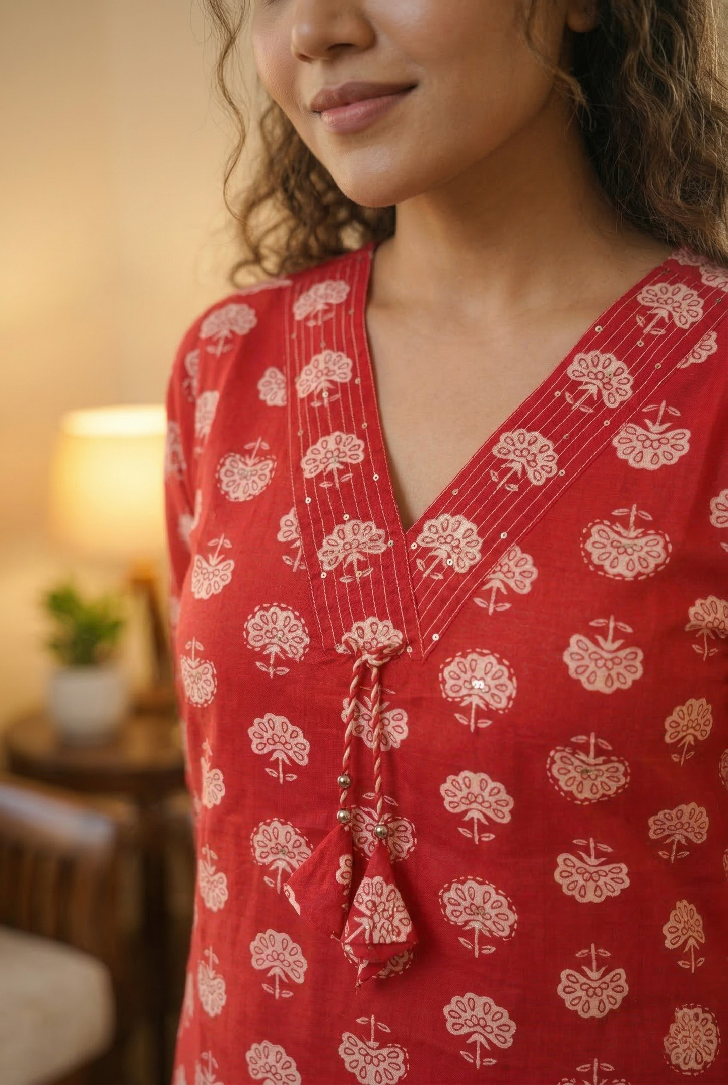 Rich Red Hand-Block Print Cotton Kurta Set with Tassel Detail