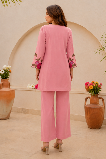 Pink Floral Embroidered Kurta Pant Co-Ord Set for Women