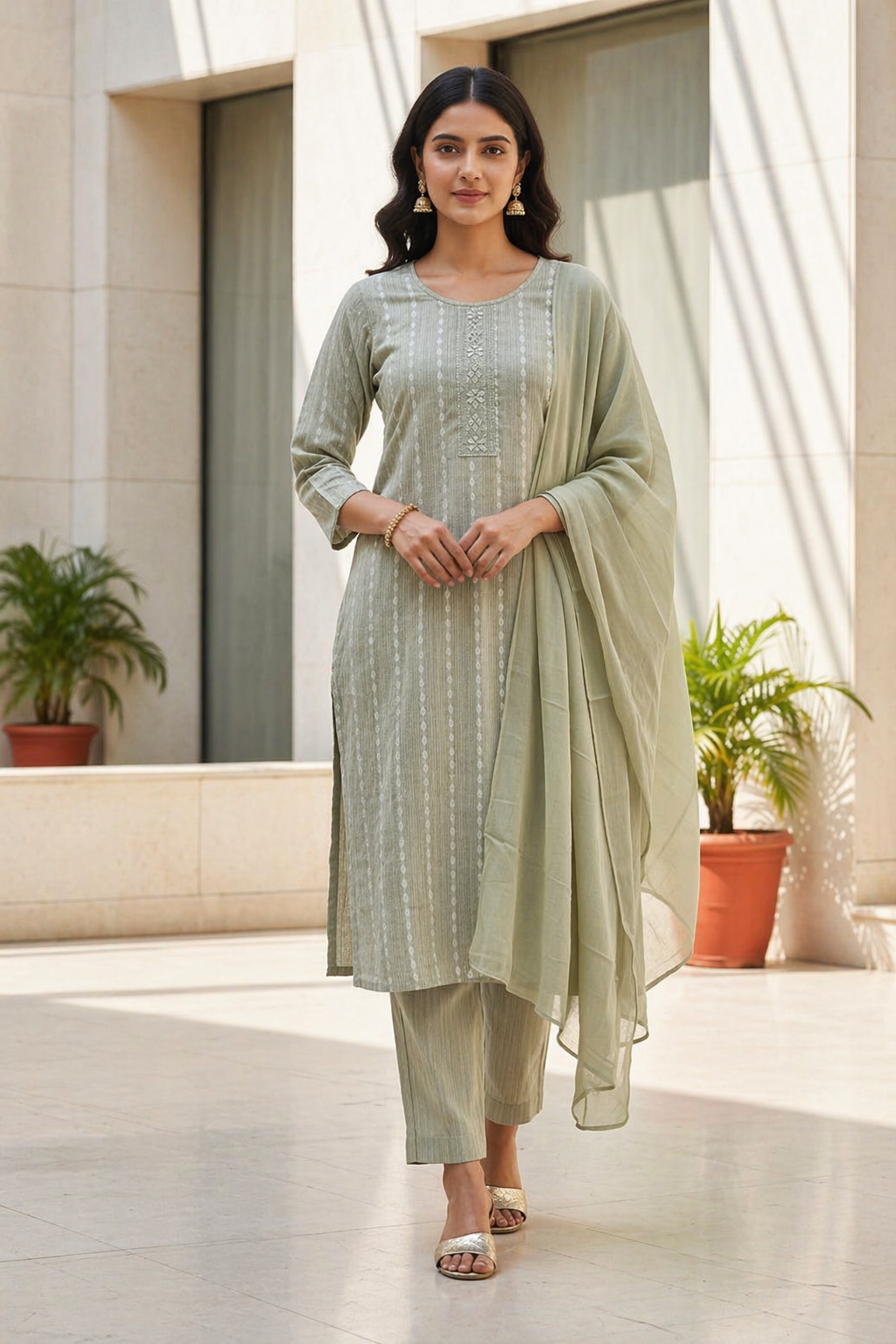 Cotton 3 Piece Kurta Set with Dupatta | Elegant Straight Kurti Pant Set for Women