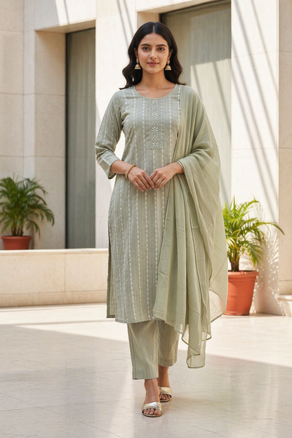 Cotton 3 Piece Kurta Set with Dupatta | Elegant Straight Kurti Pant Set for Women