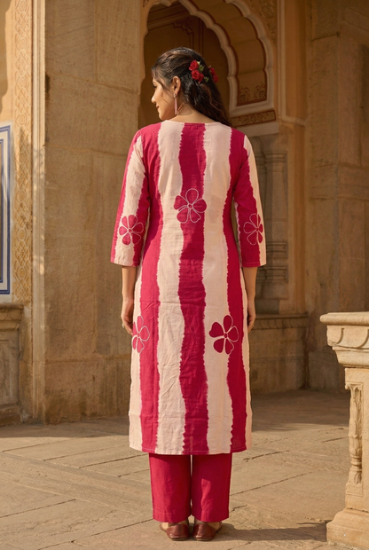 Title: Magenta Pink & White Tie-Dye Cotton Kurta Set with Floral Embroidery