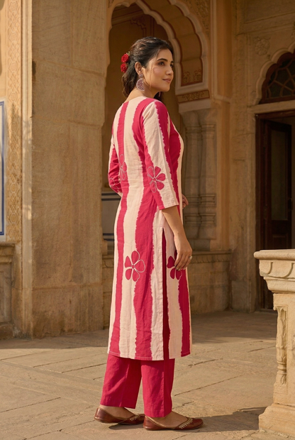 Title: Magenta Pink & White Tie-Dye Cotton Kurta Set with Floral Embroidery