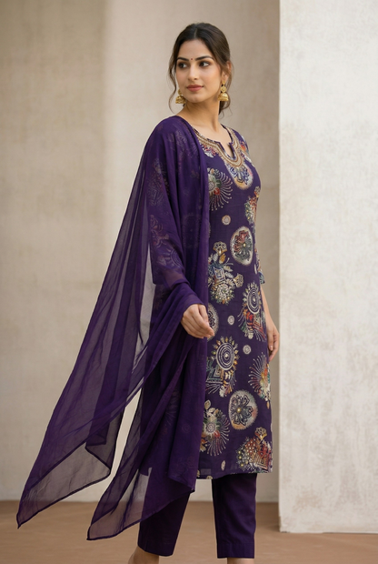 Deep Purple Mandala Print Embroidered Kurta Set