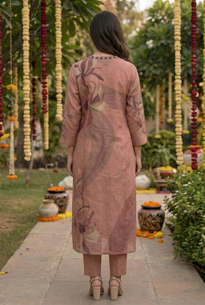 Dark peachcotton blend kurta and pant with pocket and dupatta