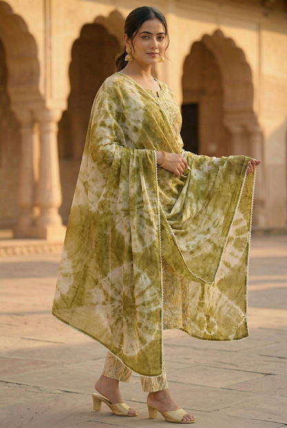 Olive Green & Beige Floral Rayon Cotton Kurta Set with Tie-Dye Dupatta