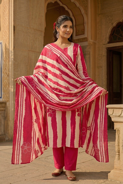 Title: Magenta Pink & White Tie-Dye Cotton Kurta Set with Floral Embroidery