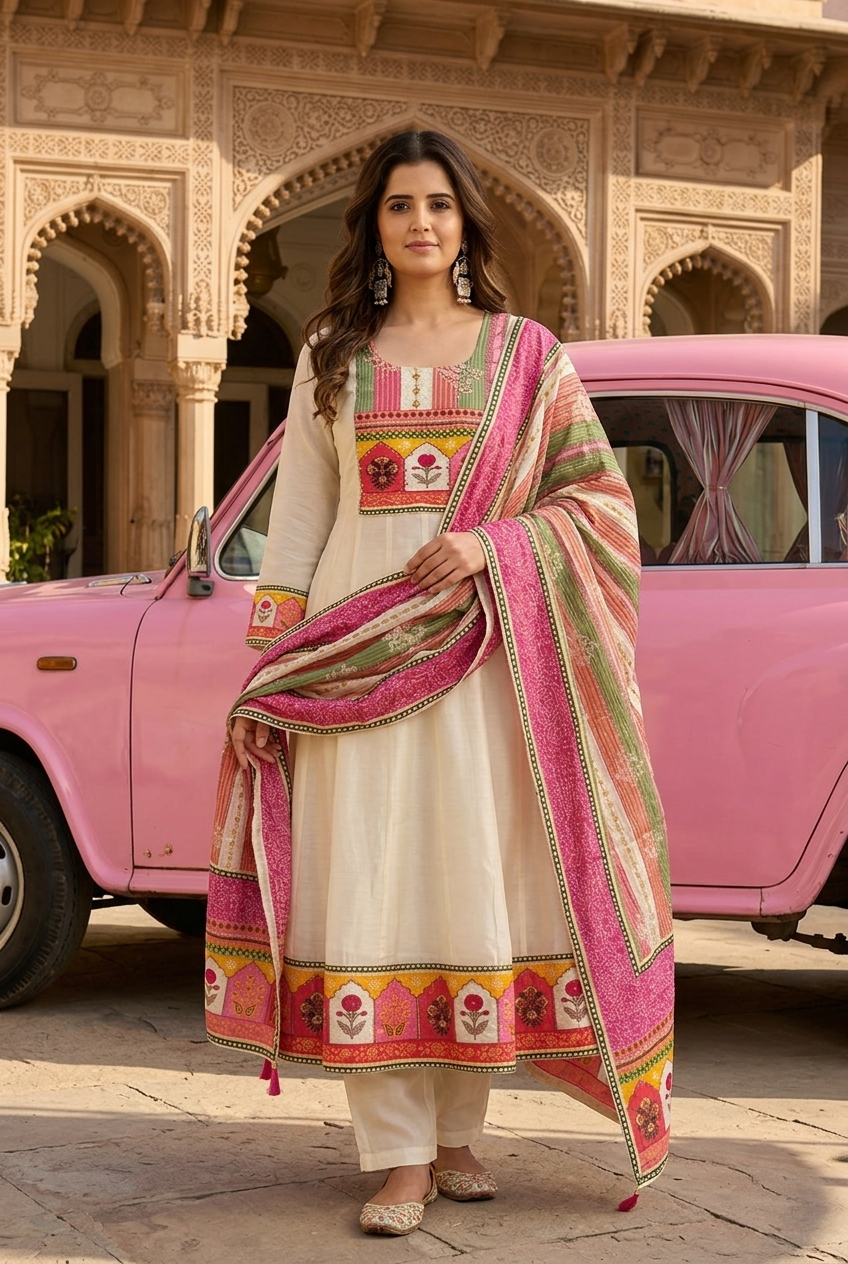 Off white & Beige Pink Ethnic Motif Cotton crepe Blend Anarkali Set
