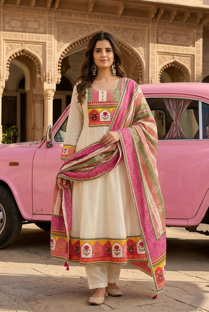 Off white & Beige Pink Ethnic Motif Cotton crepe Blend Anarkali Set