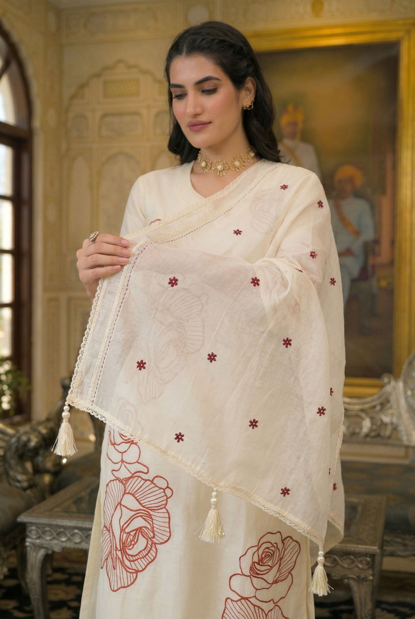 Premium Ivory & Rust Rose A-Line Cotton Suit Set