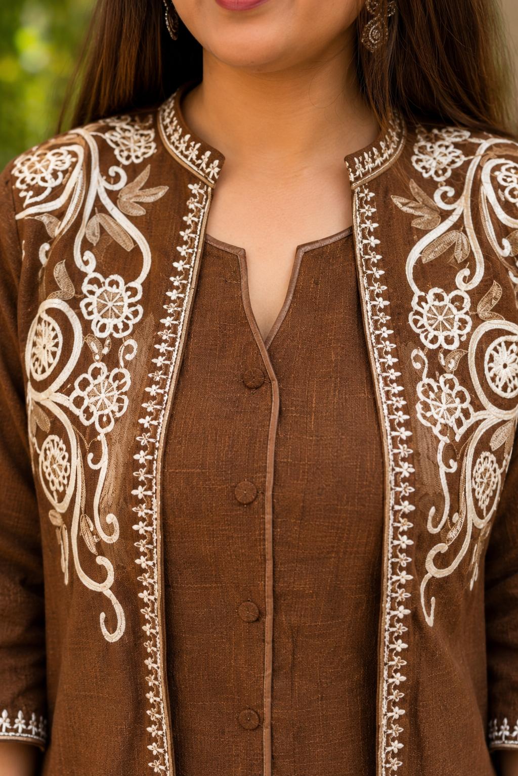 Women Brown Embroidered 3 Piece Co-Ord Set with Shrug and Pants